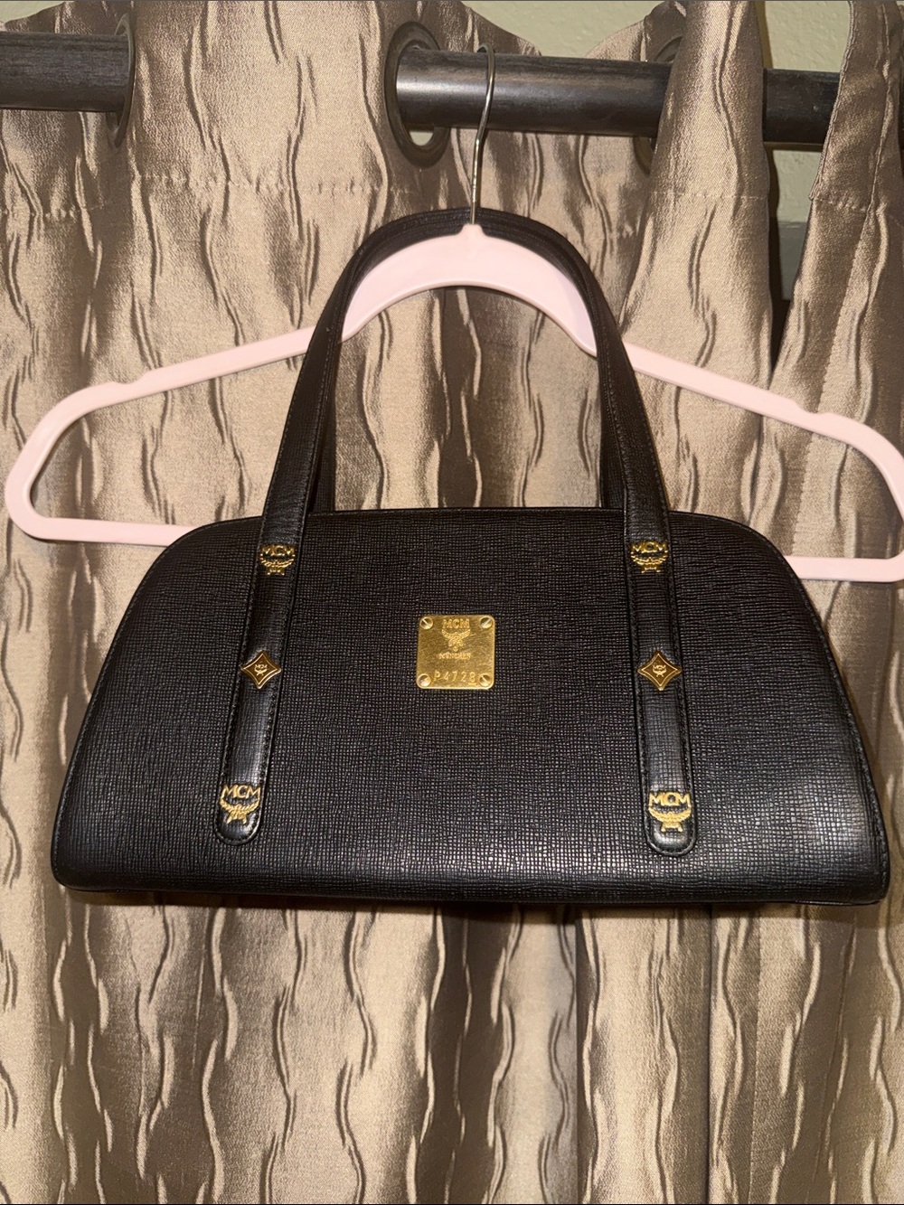 MCM Black Leather Satchel with Gold Logo Plate